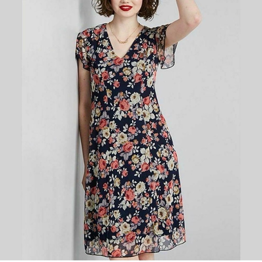 MODCLOTH L A-Line floral woman poly blend V neck flounce sleeve midi dress boho